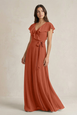 V - Neck A - Line Ruffled Chiffon Bridesmaid Dress With Bow in Spice - KISS BRIDAL Bridesmaid Dresses
