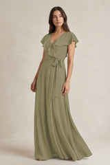 V-Neck A-Line Ruffled Chiffon Bridesmaid Dress With Bow  in Thyme | KISSBRIDAL