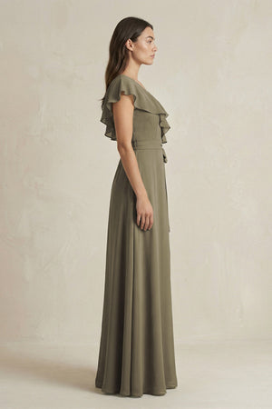 V - Neck A - Line Ruffled Chiffon Bridesmaid Dress With Bow in Willow Green - KISS BRIDAL Bridesmaid Dresses