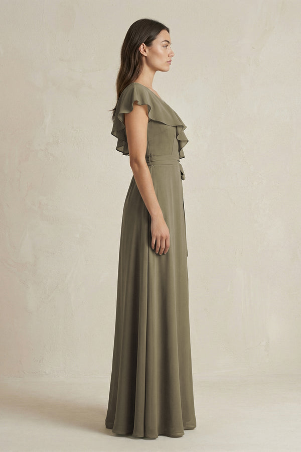 V - Neck A - Line Ruffled Chiffon Bridesmaid Dress With Bow in Willow Green - KISS BRIDAL Bridesmaid Dresses