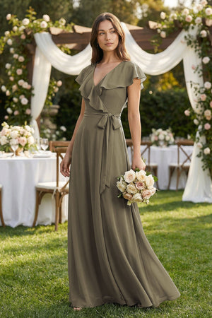 V - Neck A - Line Ruffled Chiffon Bridesmaid Dress With Bow in Willow Green - KISS BRIDAL Bridesmaid Dresses