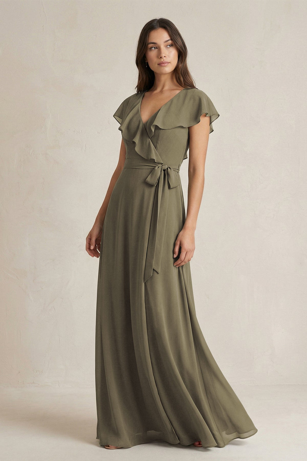 V-Neck A-Line Ruffled Chiffon Bridesmaid Dress With Bow in Willow Green