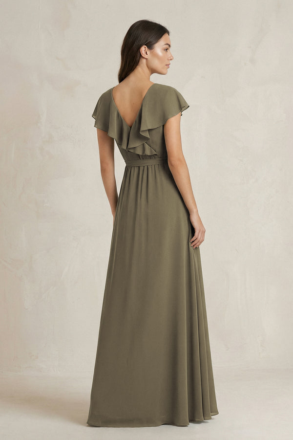 V - Neck A - Line Ruffled Chiffon Bridesmaid Dress With Bow in Willow Green - KISS BRIDAL Bridesmaid Dresses