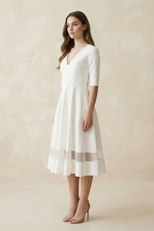 V - Neck A - Line Satin Short Sleeves Wedding Dress in White - KISS BRIDAL Wedding Dresses