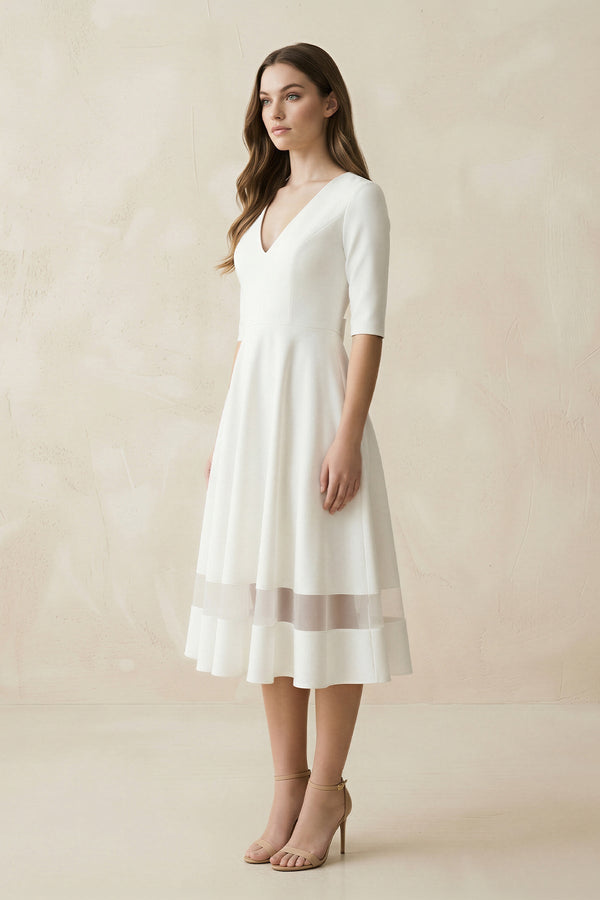 V - Neck A - Line Satin Short Sleeves Wedding Dress in White - KISS BRIDAL Wedding Dresses