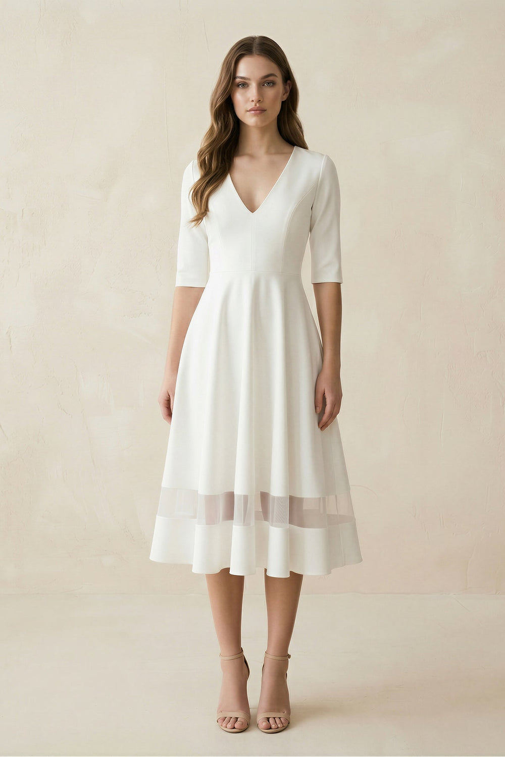 V-Neck A-Line Satin Short Sleeves Wedding Dress in White