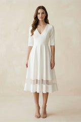 V - Neck A - Line Satin Short Sleeves Wedding Dress in White - KISS BRIDAL Wedding Dresses
