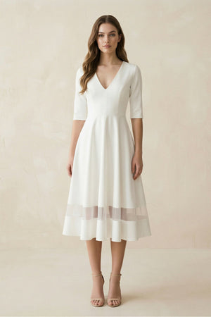 V - Neck A - Line Satin Short Sleeves Wedding Dress in White - KISS BRIDAL Wedding Dresses
