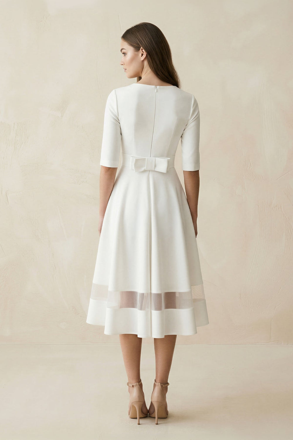 V-Neck A-Line Satin Short Sleeves Wedding Dress in White