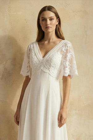V Neck A Line Short Sleeves Chiffon Wedding Dress in Ivory - KISS BRIDAL Wedding Dresses