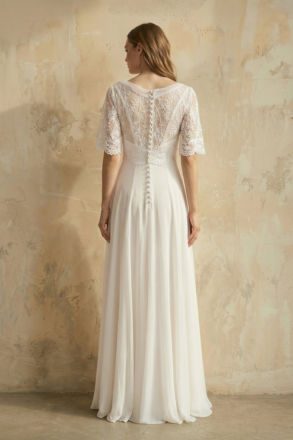 V Neck A Line Short Sleeves Chiffon Wedding Dress in Ivory