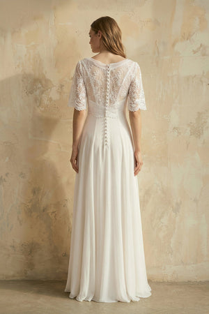 V Neck A Line Short Sleeves Chiffon Wedding Dress in Ivory - KISS BRIDAL Wedding Dresses