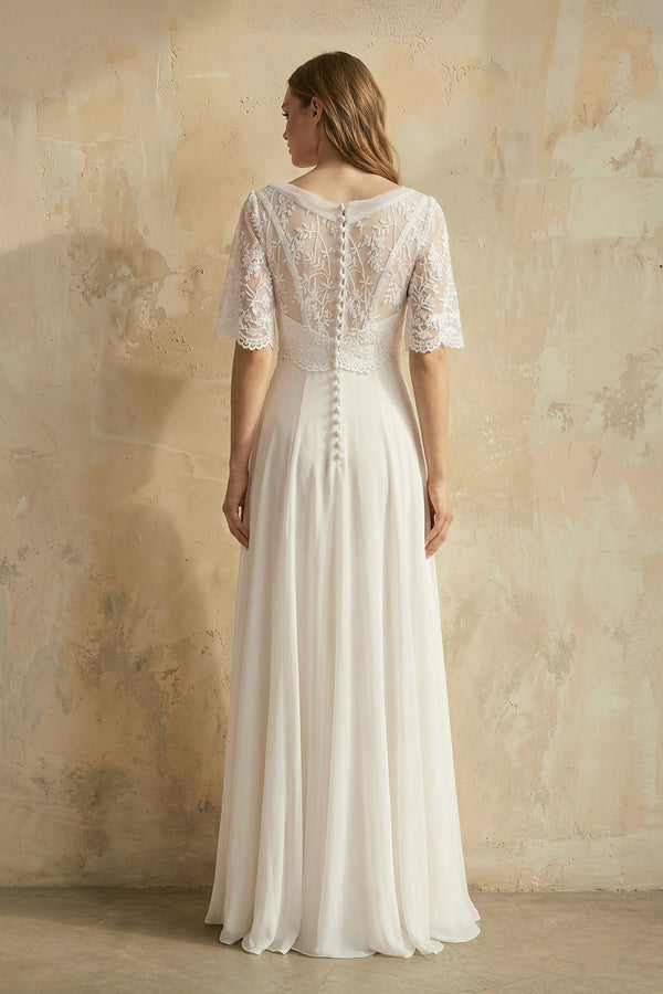 V Neck A Line Short Sleeves Chiffon Wedding Dress in Ivory - KISS BRIDAL Wedding Dresses