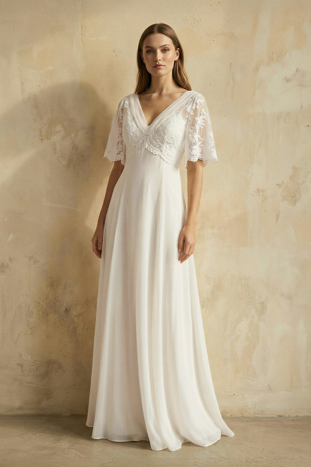 V Neck A Line Short Sleeves Chiffon Wedding Dress in Ivory