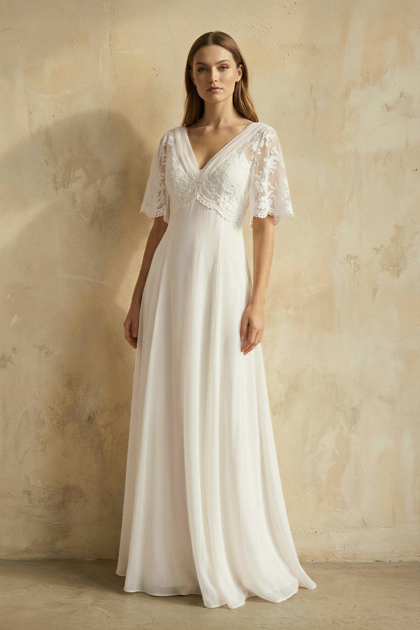 V Neck A Line Short Sleeves Chiffon Wedding Dress in Ivory - KISS BRIDAL Wedding Dresses
