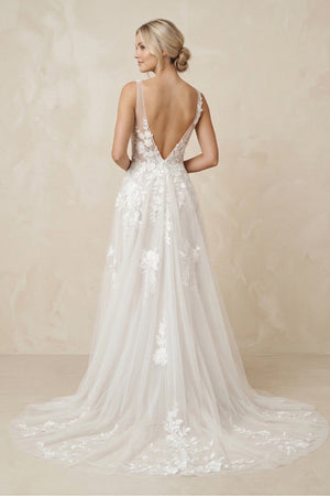V - Neck A - Line Tulle Appliqued Maxi Wedding Dress in White - KISS BRIDAL Wedding Dresses