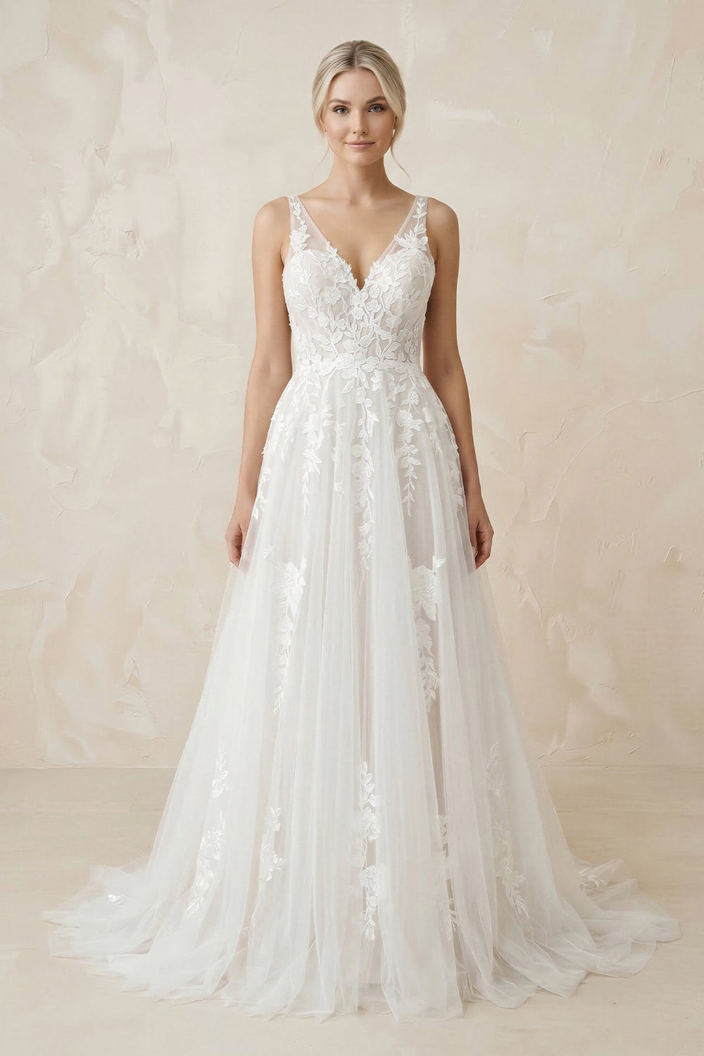 V-Neck A-Line Tulle Appliqued Maxi Wedding Dress in White