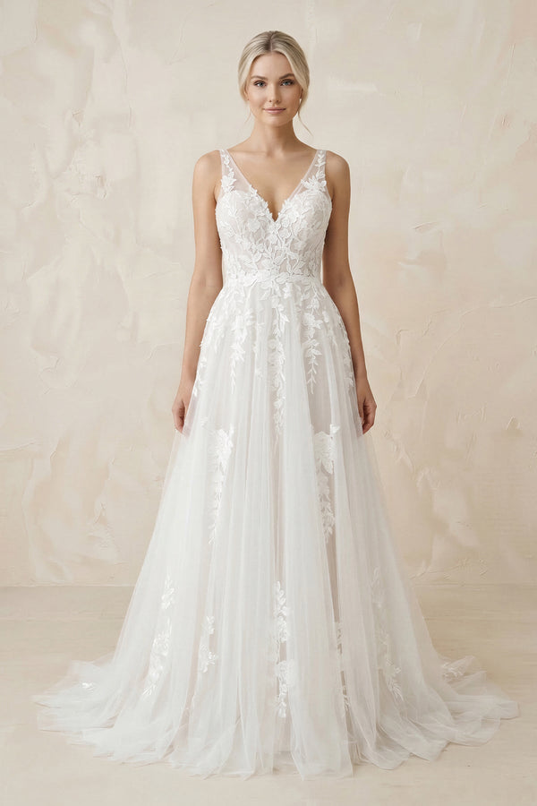 V - Neck A - Line Tulle Appliqued Maxi Wedding Dress in White - KISS BRIDAL Wedding Dresses