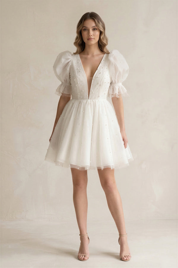 V - Neck A - Line Tulle Mini Wedding Dress With Pearl in Ivory - KISS BRIDAL Wedding Dresses