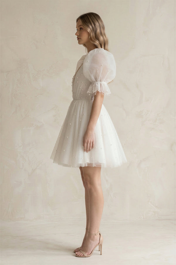 V - Neck A - Line Tulle Mini Wedding Dress With Pearl in Ivory - KISS BRIDAL Wedding Dresses