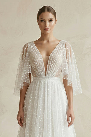 V Neck A - Line Tulle Ruched Wedding Dress With Polka Dot in White - KISS BRIDAL Wedding Dresses