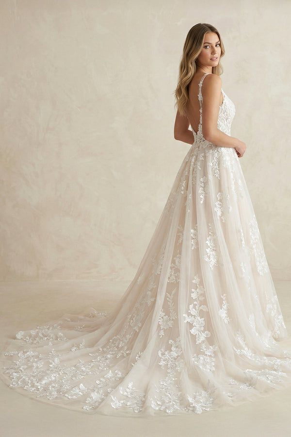 V Neck A Line Tulle Wedding Dress in White and Nude - KISS BRIDAL Wedding Dresses