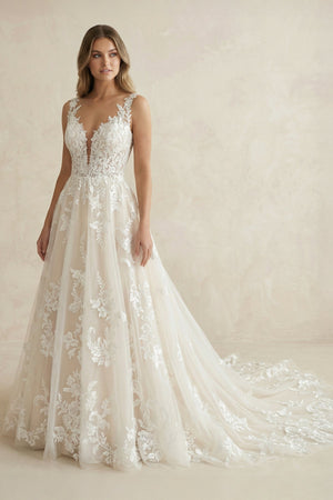 V Neck A Line Tulle Wedding Dress in White and Nude - KISS BRIDAL Wedding Dresses