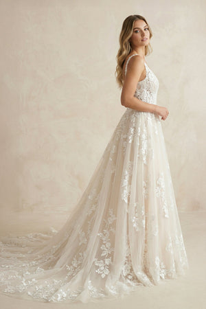 V Neck A Line Tulle Wedding Dress in White and Nude - KISS BRIDAL Wedding Dresses