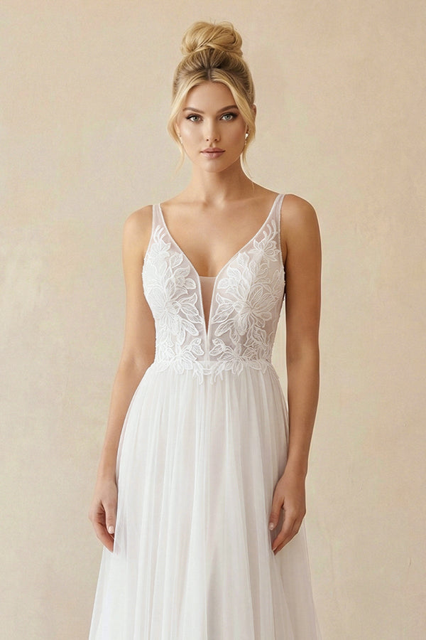 V Neck A Line Tulle Wedding Dress With Appliques - KISS BRIDAL Wedding Dresses