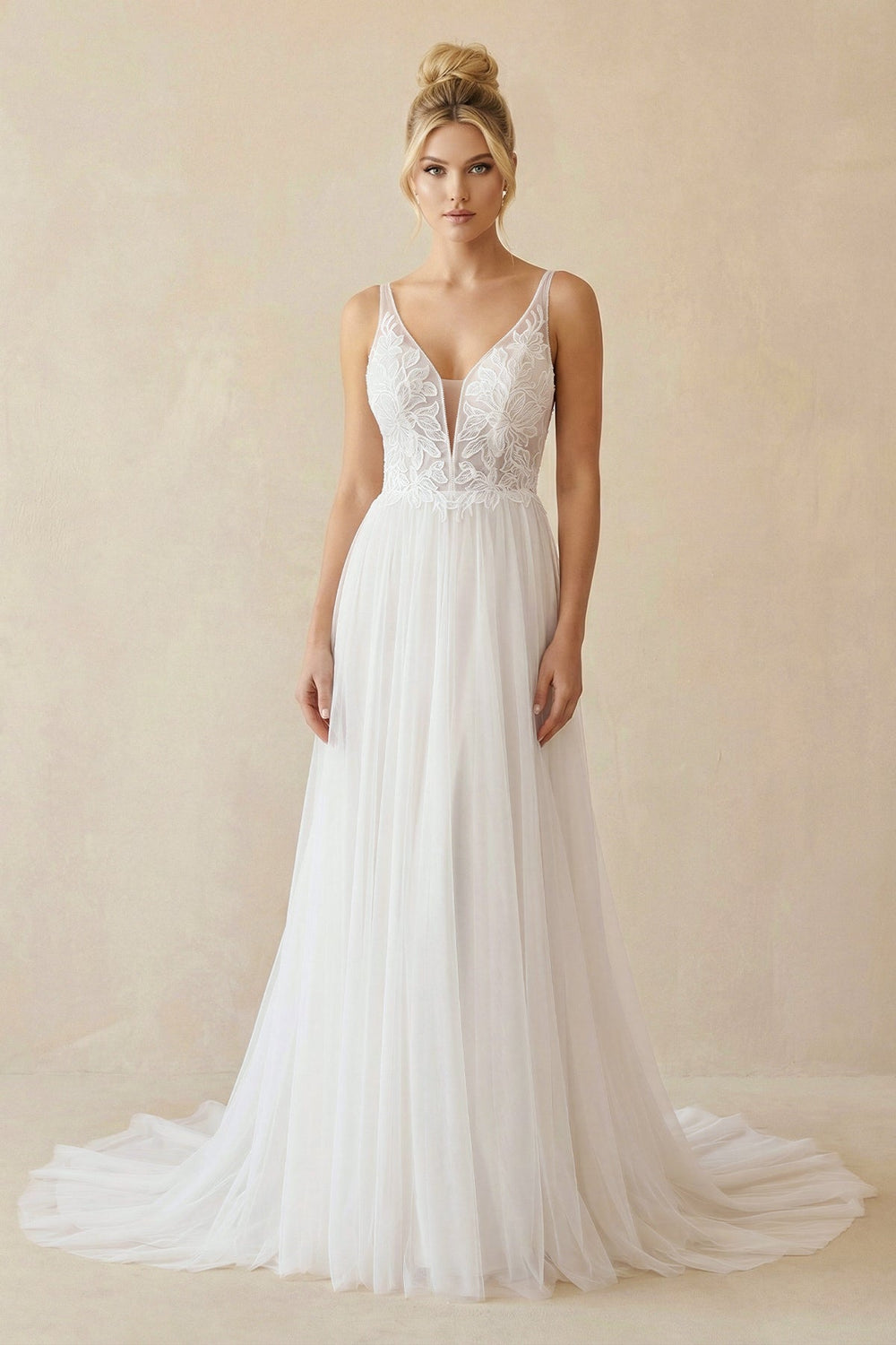 V Neck A Line Tulle Wedding Dress With Appliques