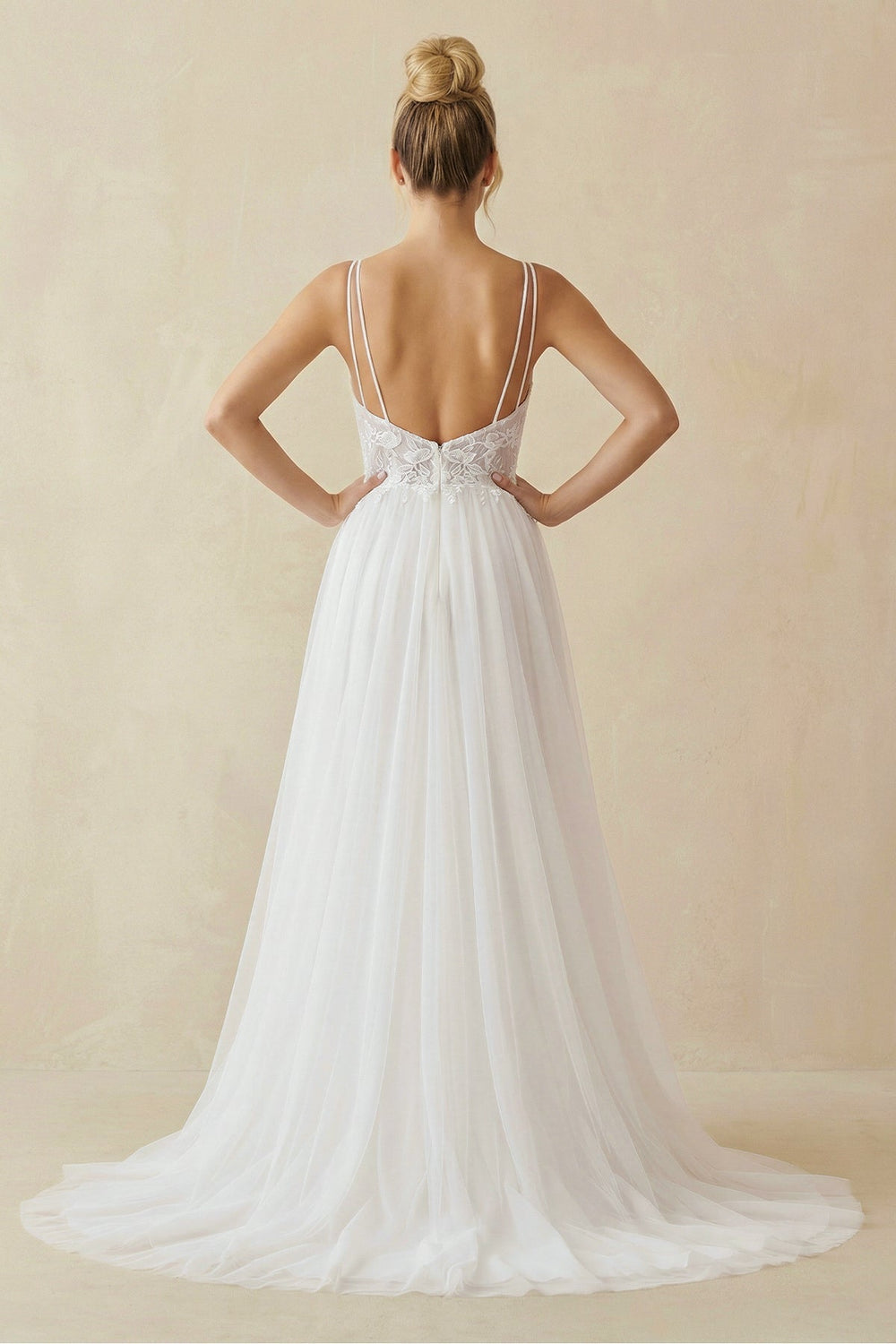 V Neck A Line Tulle Wedding Dress With Appliques