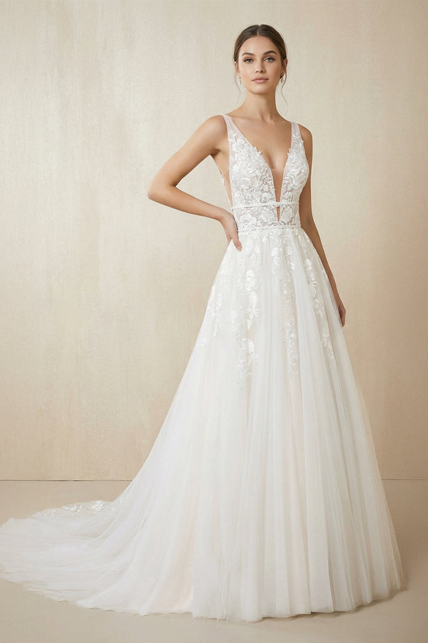 V Neck A Line Tulle Wedding Dress With Appliques in White - KISS BRIDAL Wedding Dresses