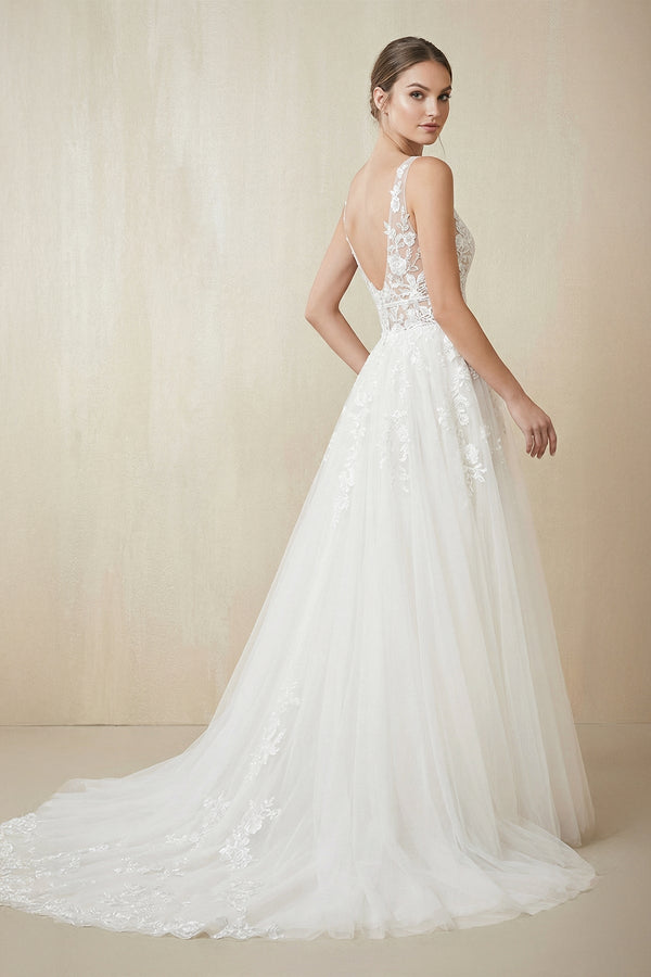 V Neck A Line Tulle Wedding Dress With Appliques in White - KISS BRIDAL Wedding Dresses