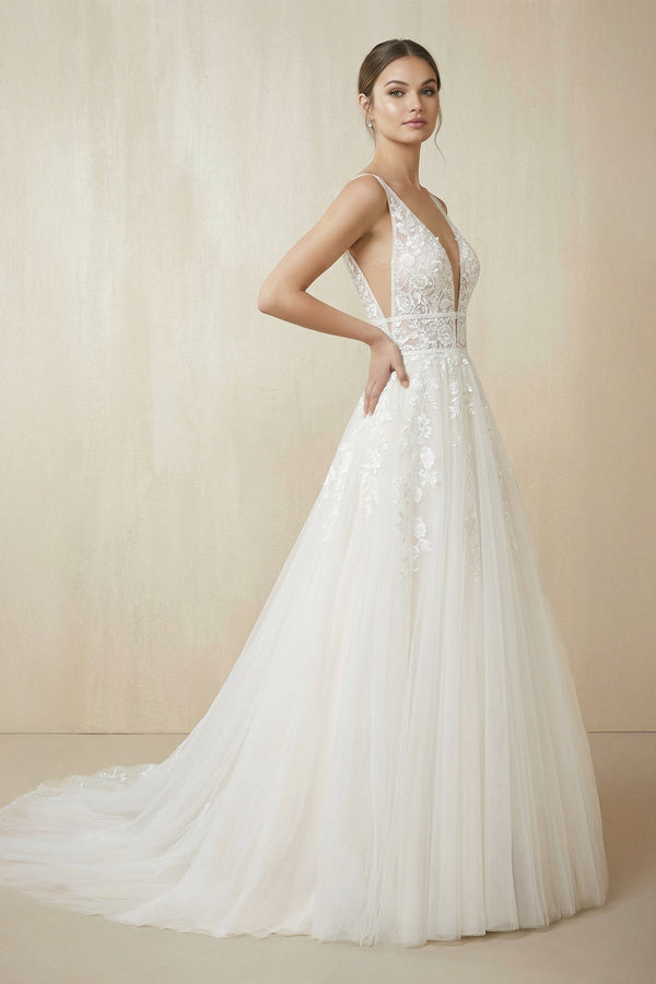 V Neck A Line Tulle Wedding Dress With Appliques in White - KISS BRIDAL Wedding Dresses