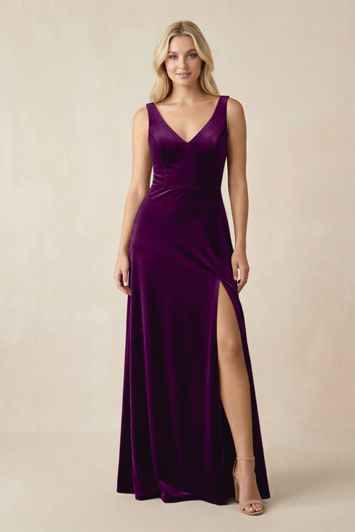 V - Neck A - Line Velvet Bridesmaid Dress in Amethyst - KISS BRIDAL Bridesmaid Dresses