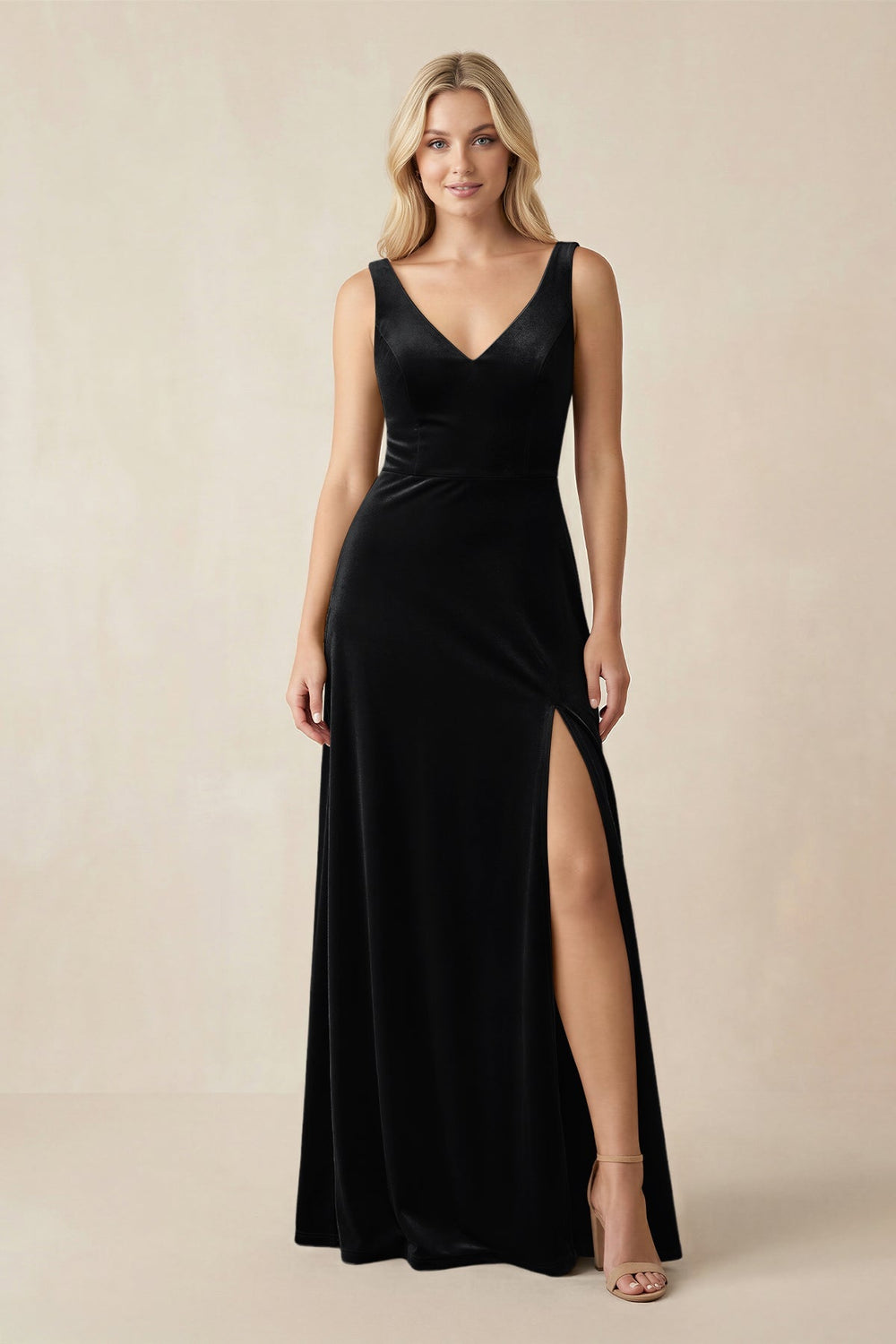 V-Neck A-Line Velvet Bridesmaid Dress in Black