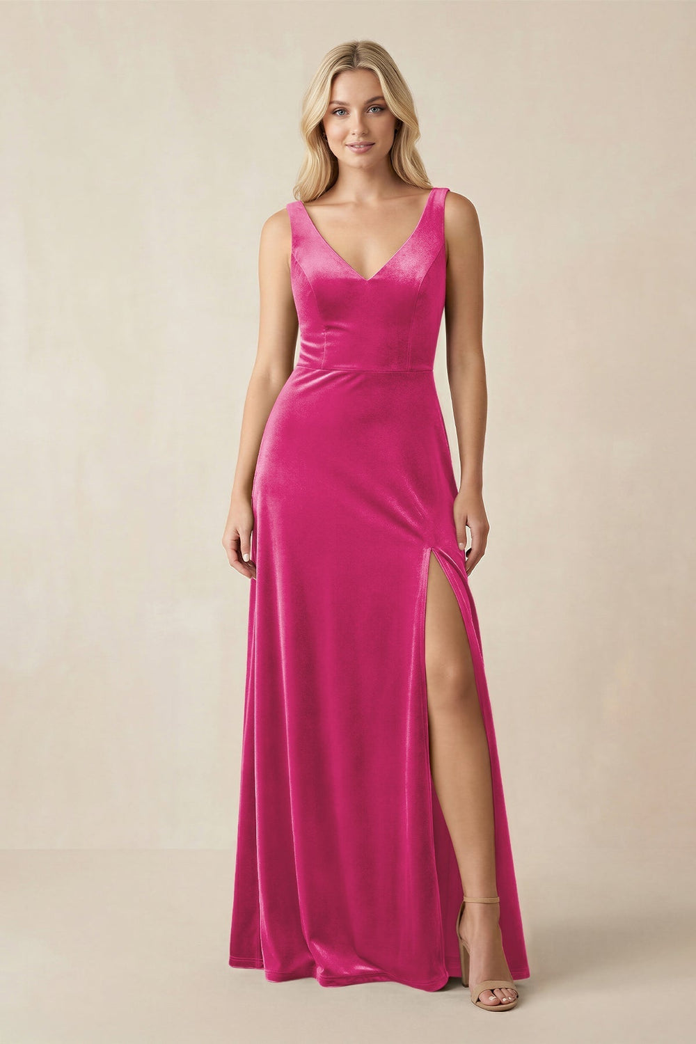 V-Neck A-Line Velvet Bridesmaid Dress in Bon Bon Pink