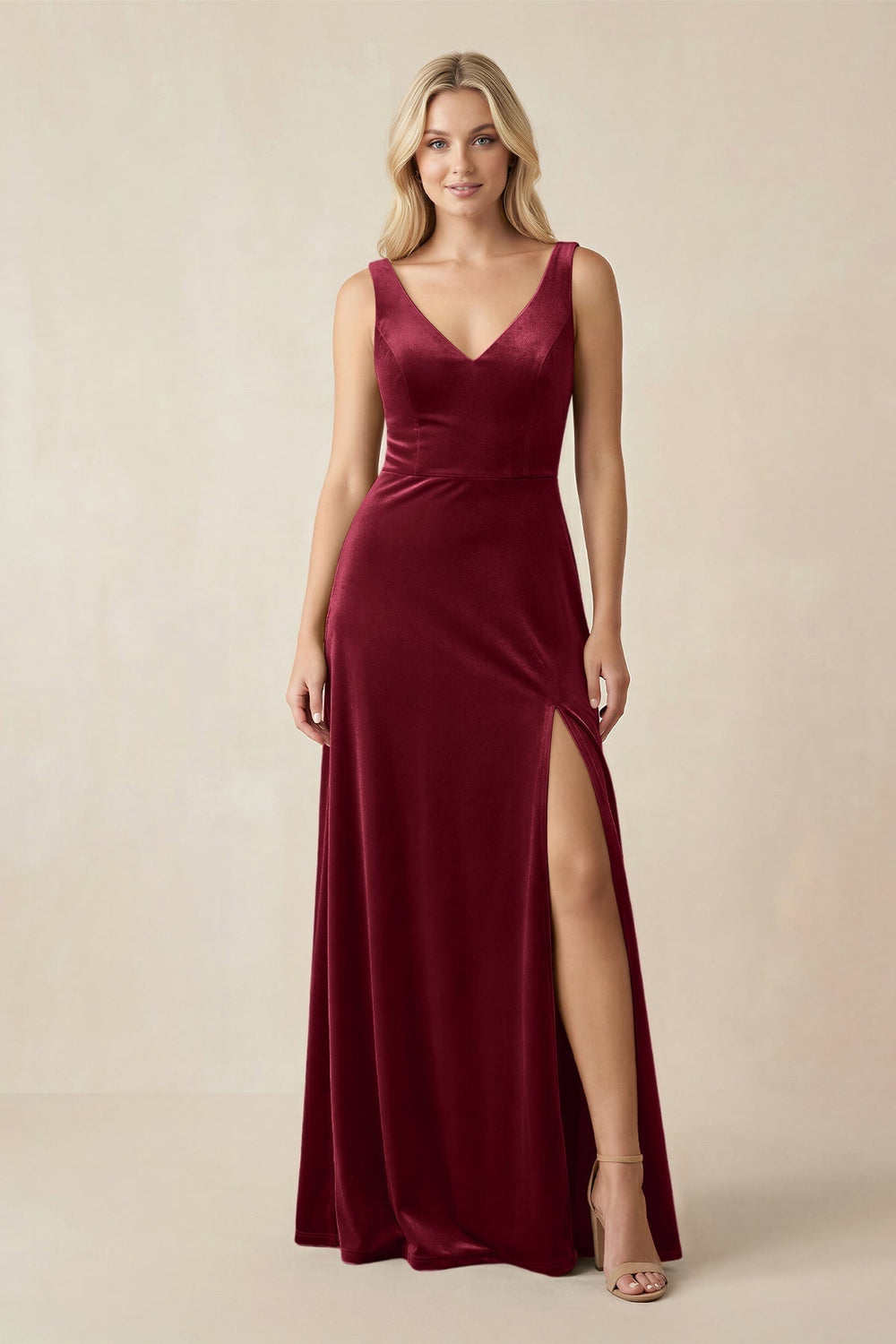 V-Neck A-Line Velvet Bridesmaid Dress in Burgundy