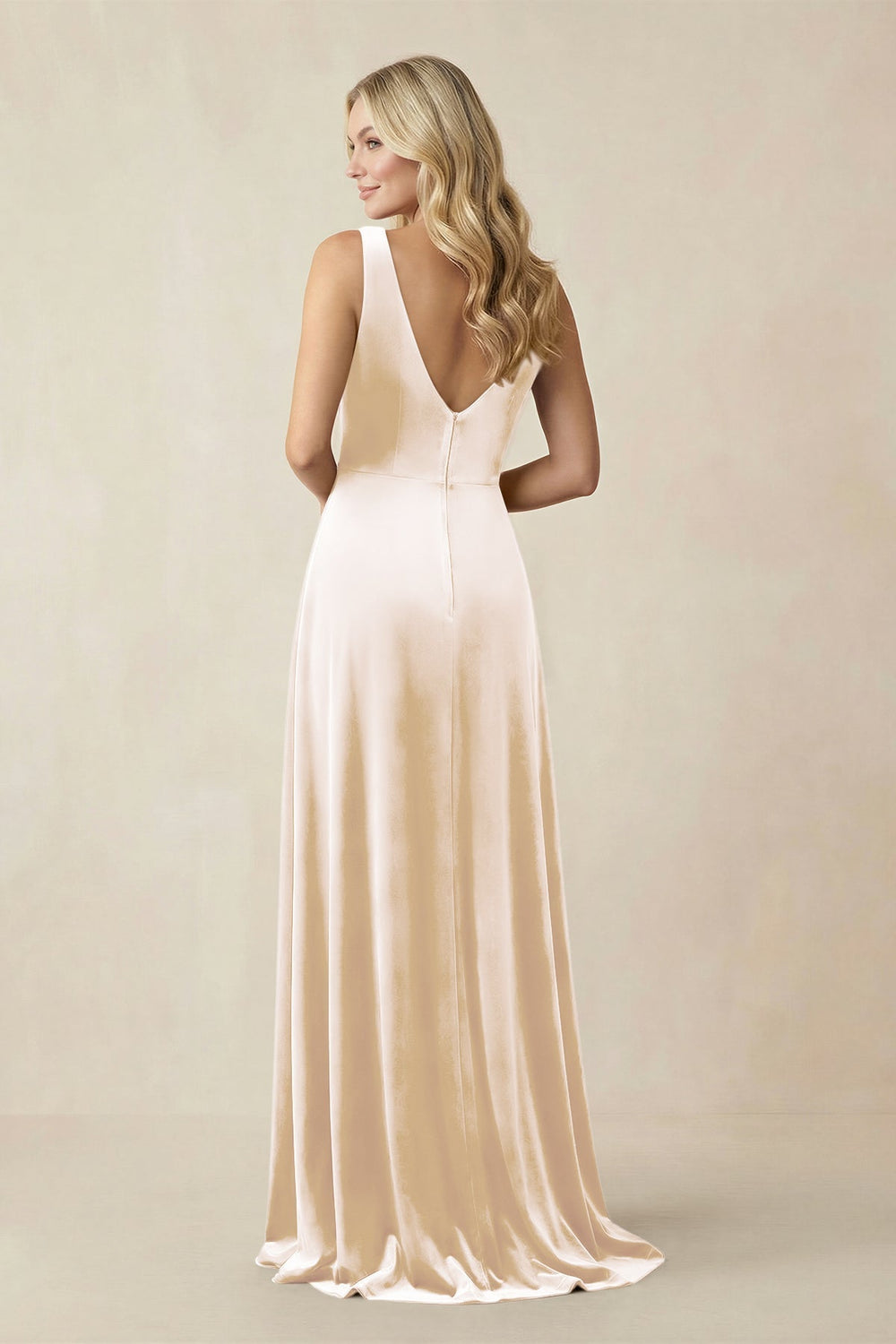 V-Neck A-Line Velvet Bridesmaid Dress in Champagne