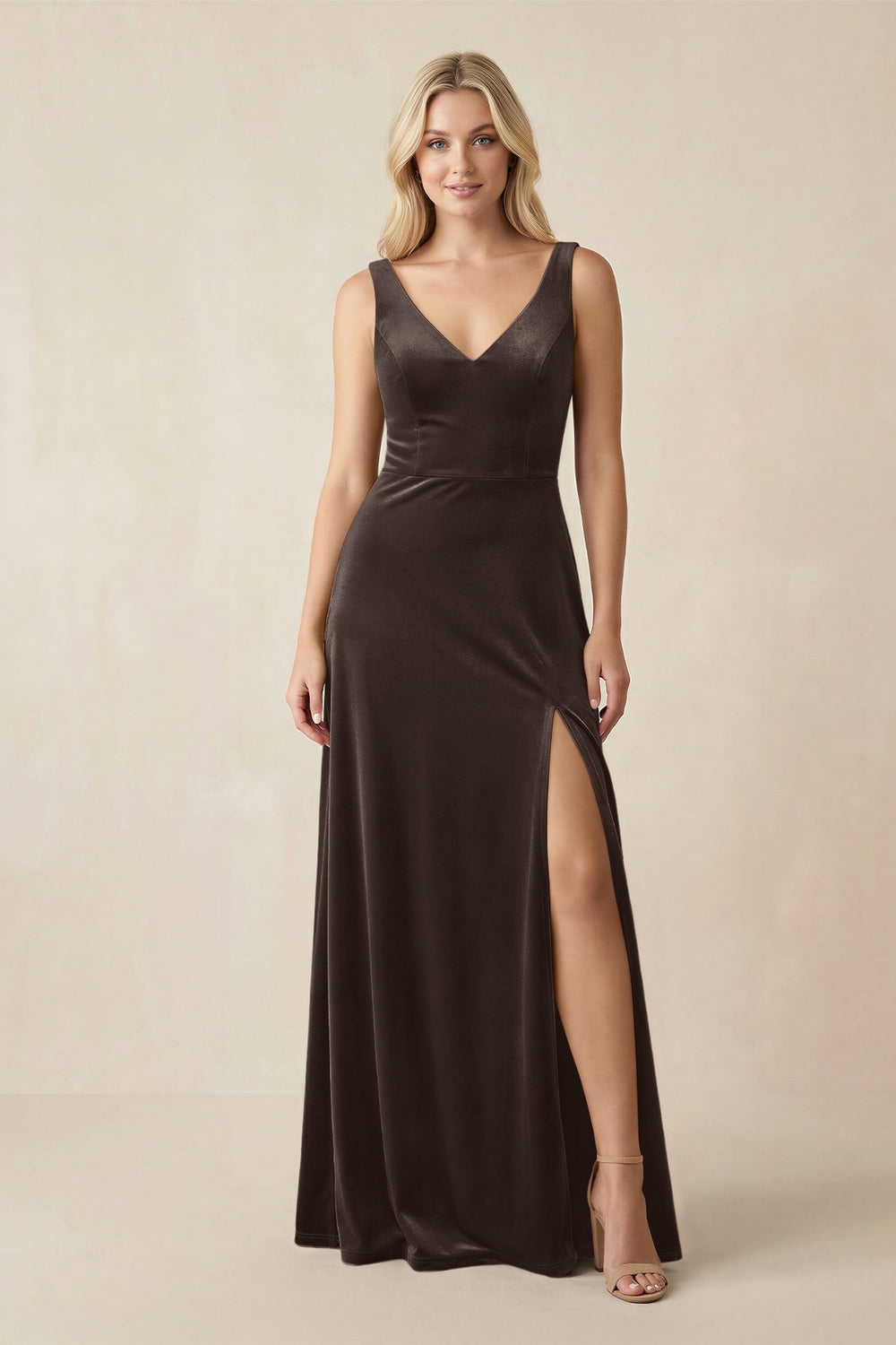 V-Neck A-Line Velvet Bridesmaid Dress in Chocolate