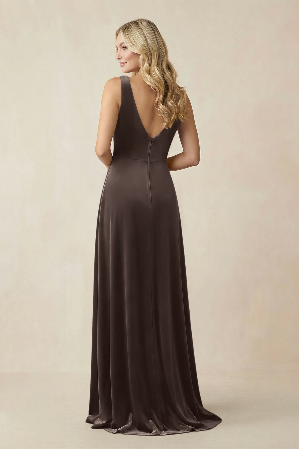 V-Neck A-Line Velvet Bridesmaid Dress in Chocolate