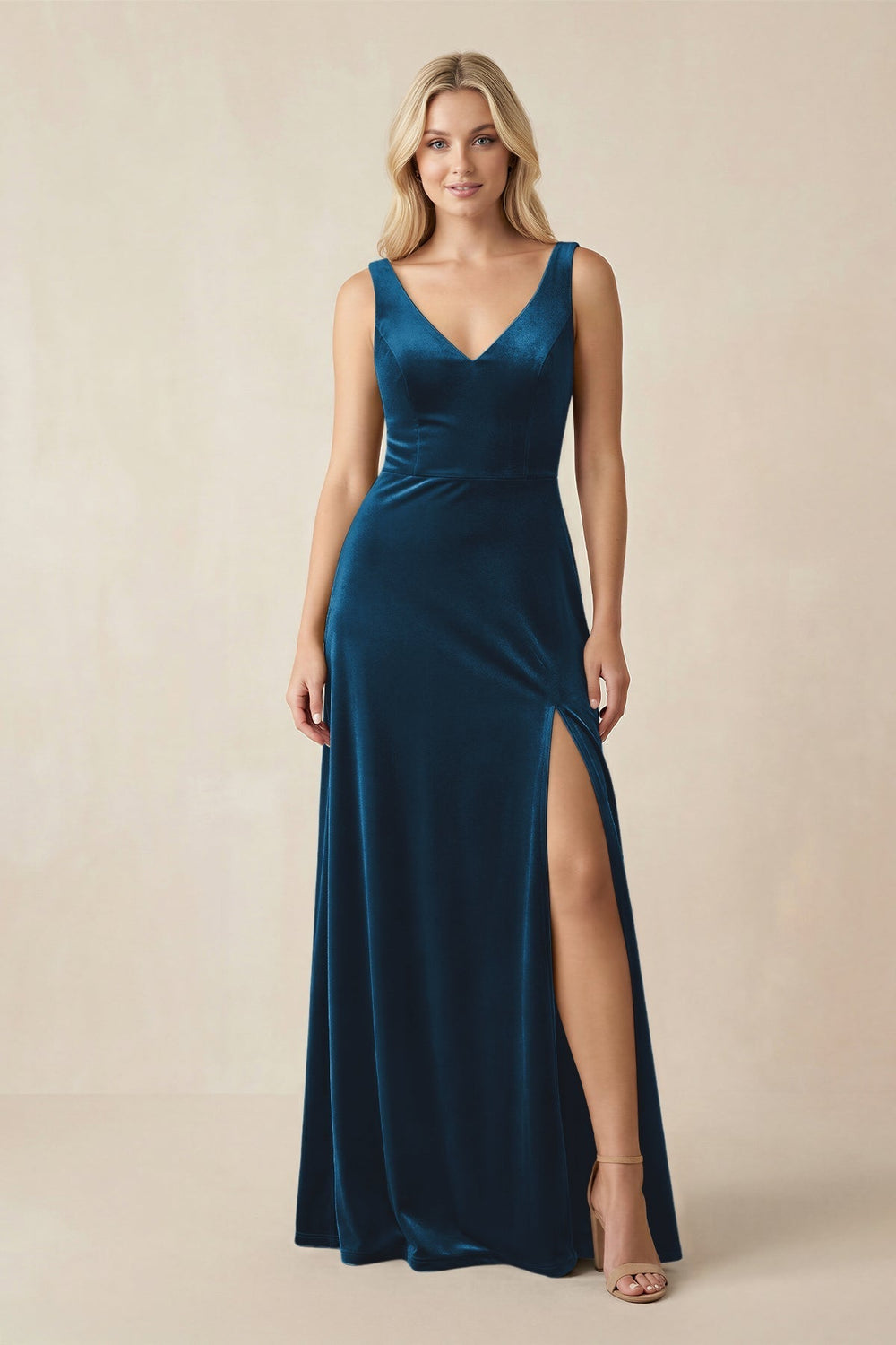V-Neck A-Line Velvet Bridesmaid Dress in Dark Teal