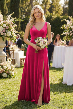 V - Neck A - Line Velvet Bridesmaid Dress in Fuchsia - KISS BRIDAL Bridesmaid Dresses