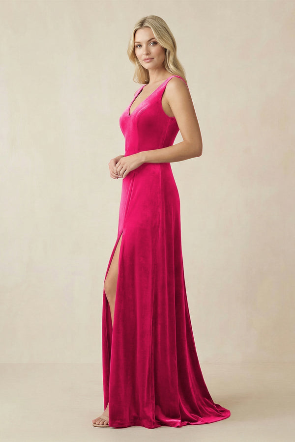 V - Neck A - Line Velvet Bridesmaid Dress in Fuchsia - KISS BRIDAL Bridesmaid Dresses