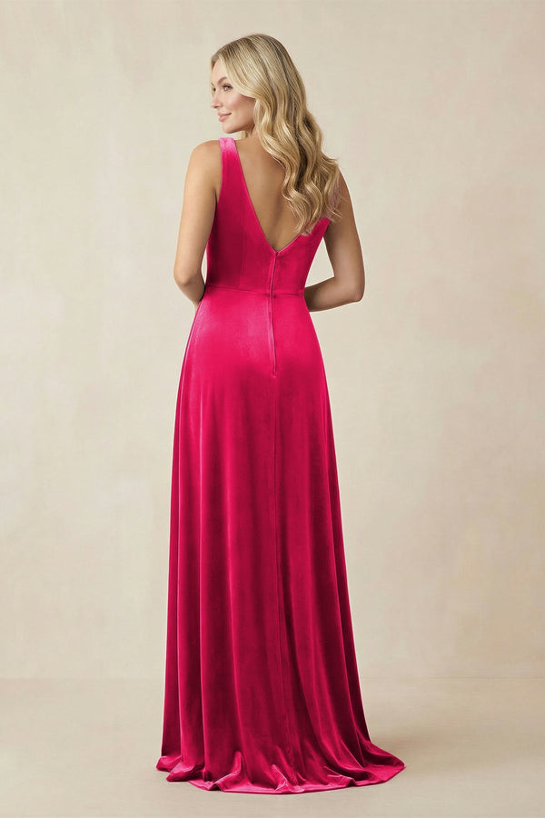 V - Neck A - Line Velvet Bridesmaid Dress in Fuchsia - KISS BRIDAL Bridesmaid Dresses