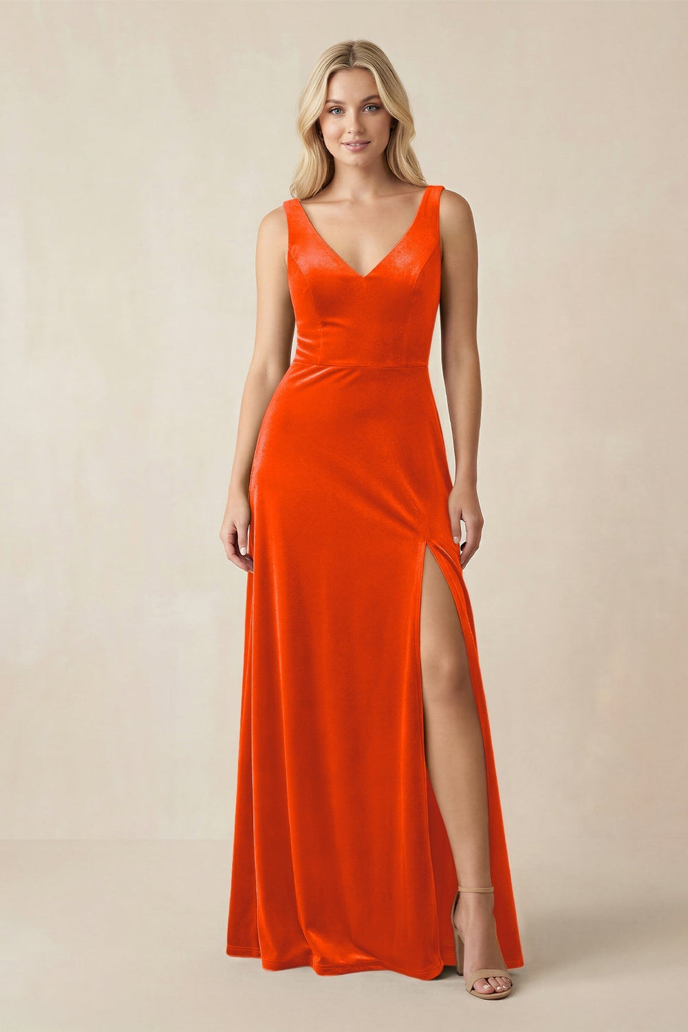 V-Neck A-Line Velvet Bridesmaid Dress in Orange