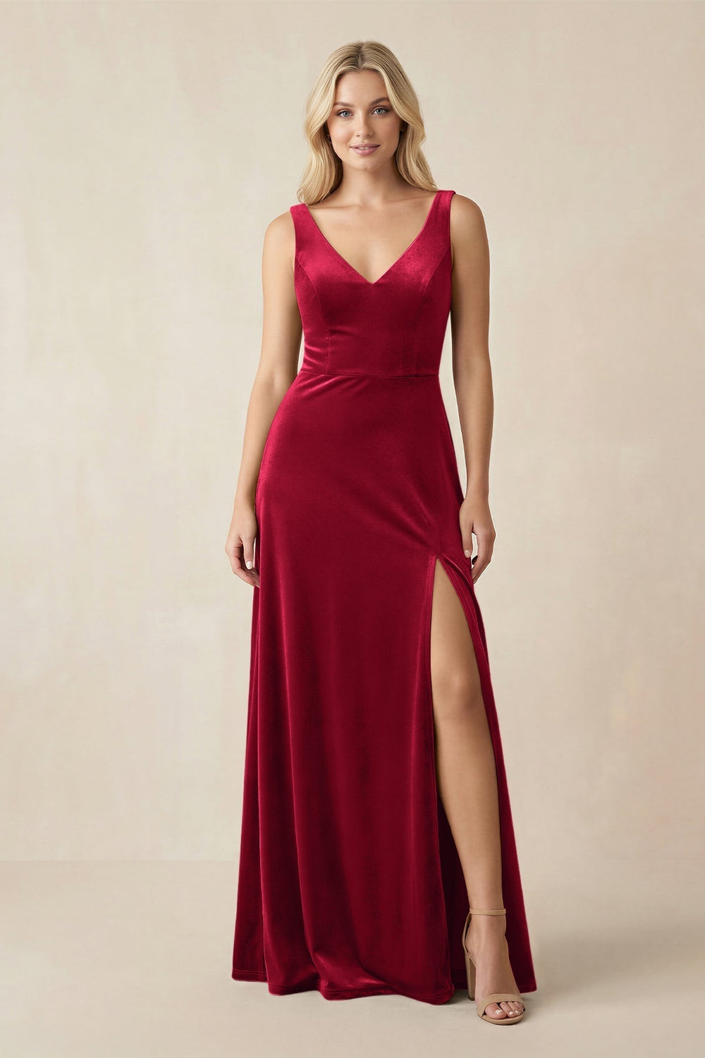 V-Neck A-Line Velvet Bridesmaid Dress in Ruby Red