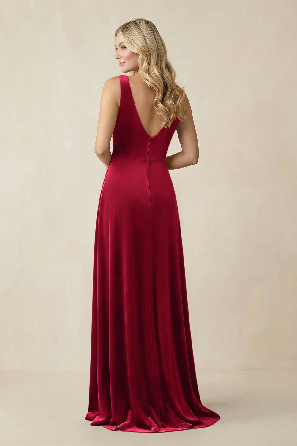 V-Neck A-Line Velvet Bridesmaid Dress in Ruby Red