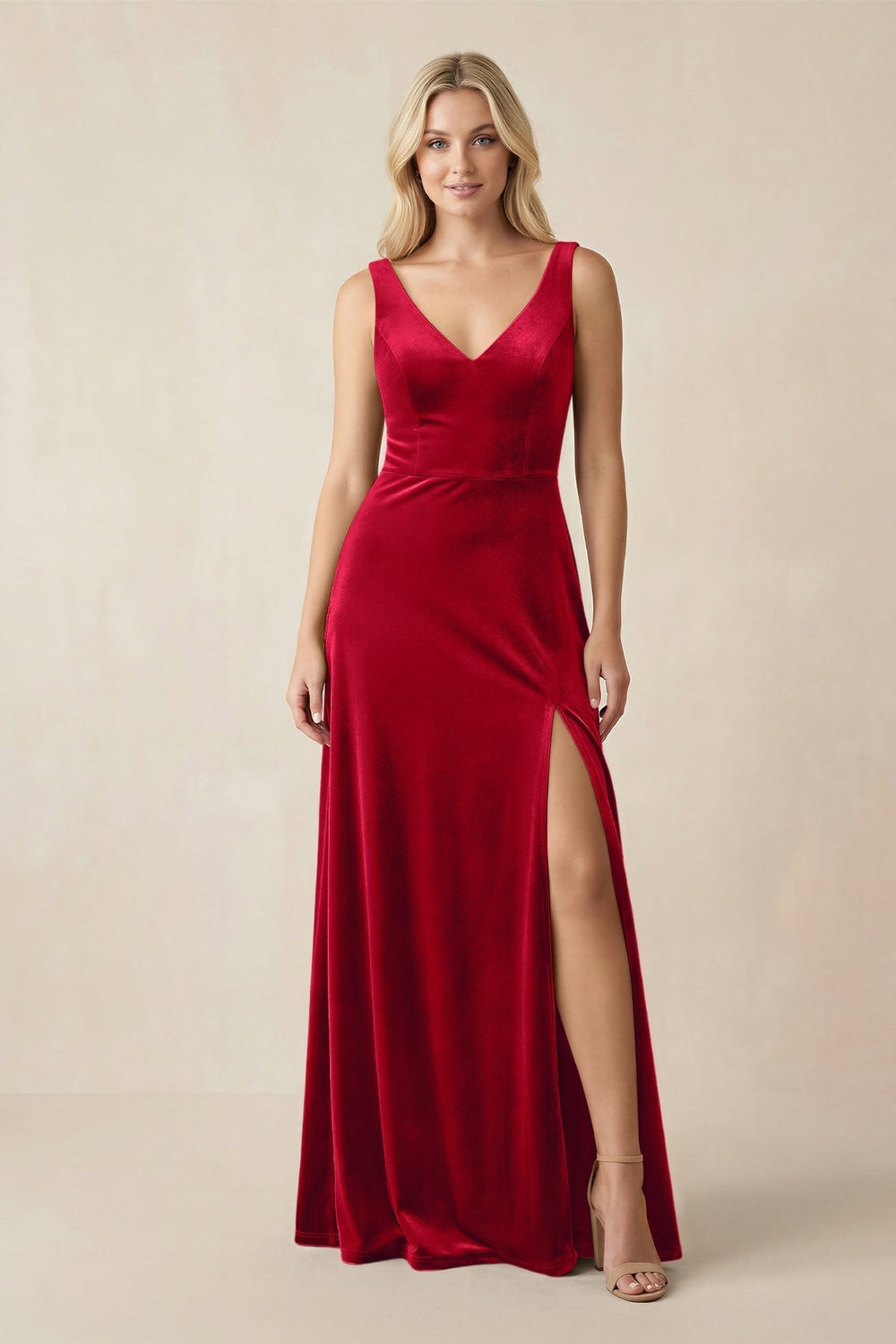 V-Neck A-Line Velvet Bridesmaid Dress in Spice