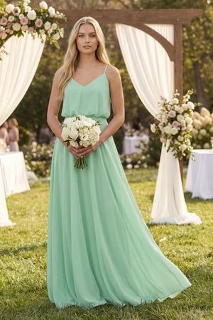 V-Neck Blouson A-Line Chiffon Bridesmaid Dress in Pale Pistachio - KISS BRIDAL BRIDESMAID DRESSES